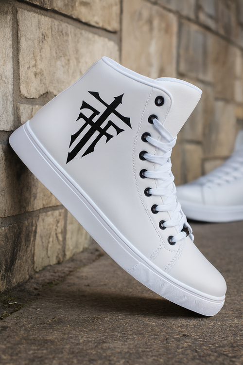 White High-Top Sneaker with Black Graphic Design